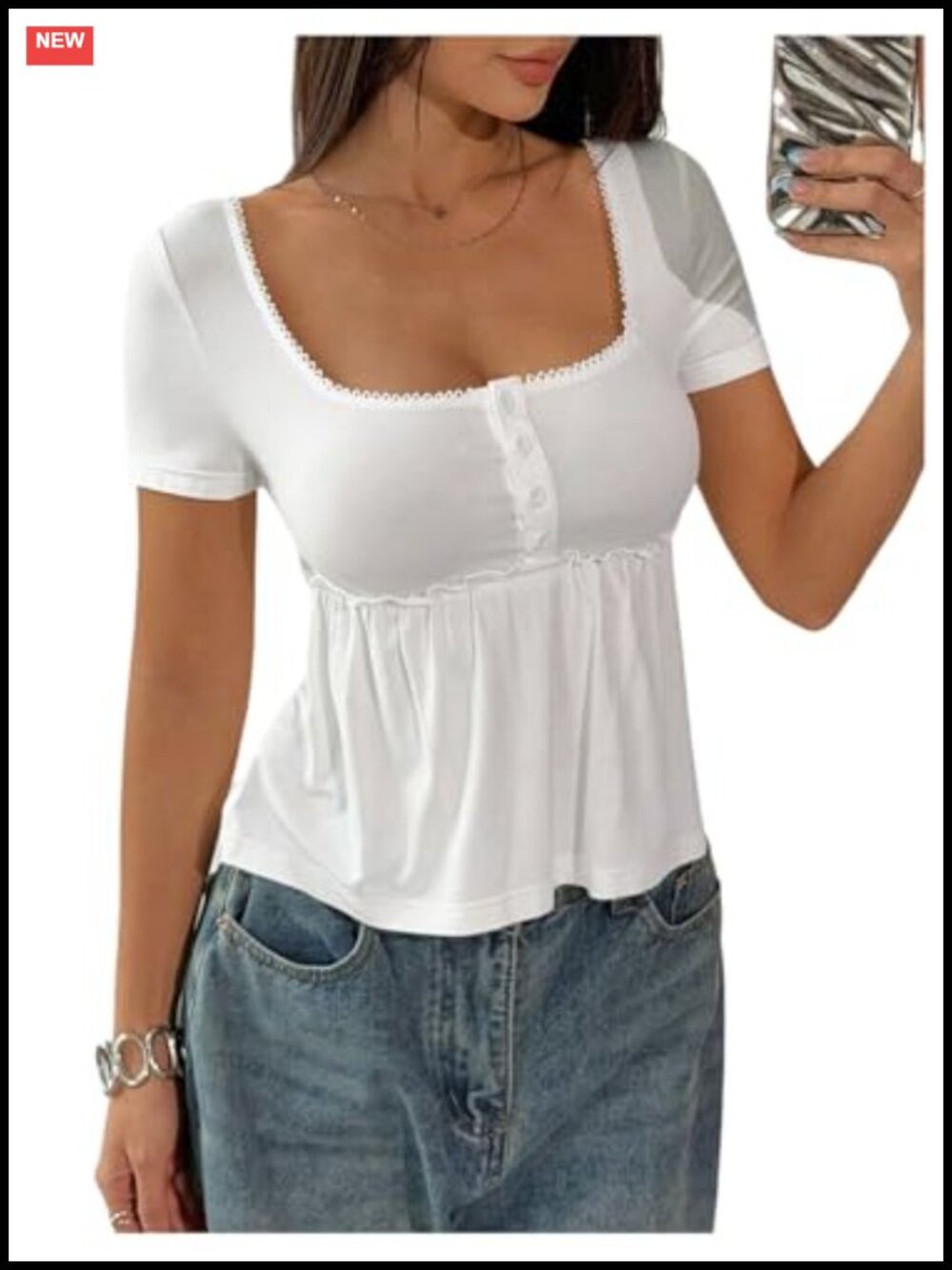 Women's Babydoll Top Square Neck Short Sleeve Ruffle Peplum Top